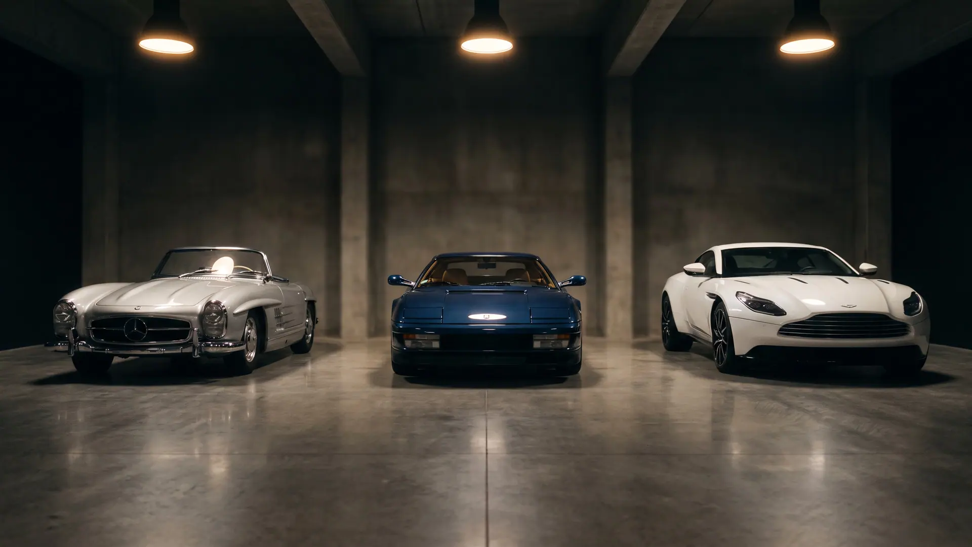 Three collector cars with generous spacing under museum light at The Collective