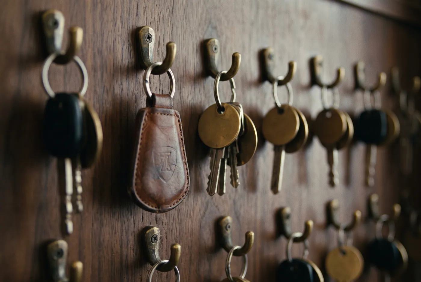 Brass key tags on the key board at The Collective