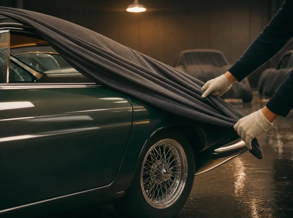 Gloved hands drawing a fitted cover over the fender of a green classic coupe on the floor at The Collective