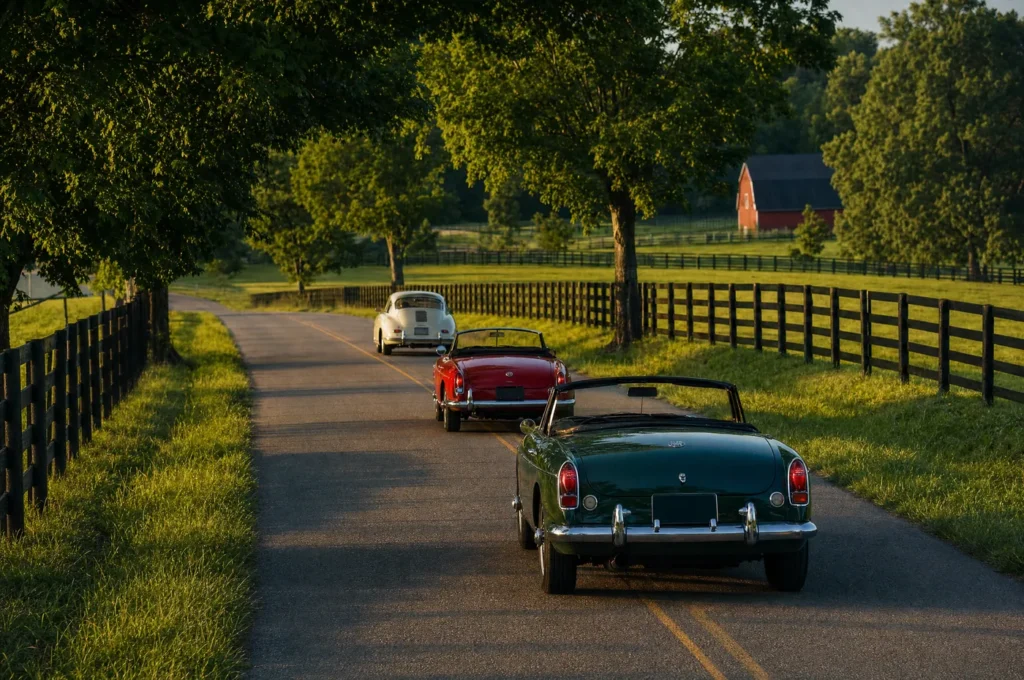 Classic cars on a Tennessee back road at golden hour on a drive day