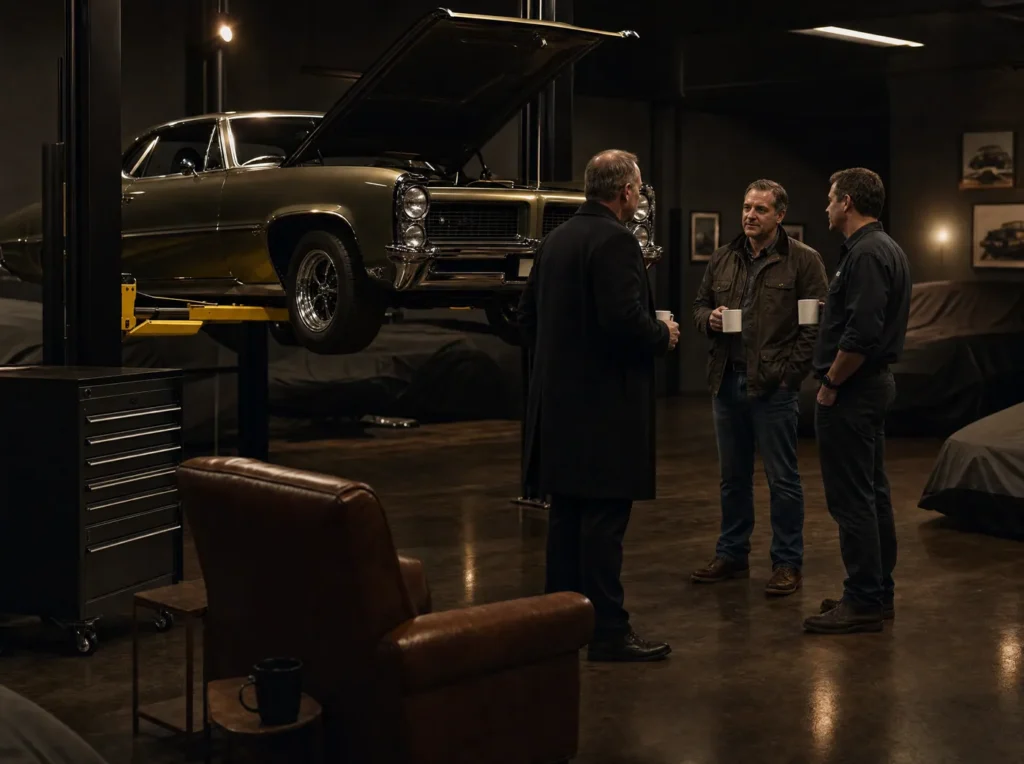 Garage Night at The Collective: a classic coupe on the lift, hood up, members talking over coffee