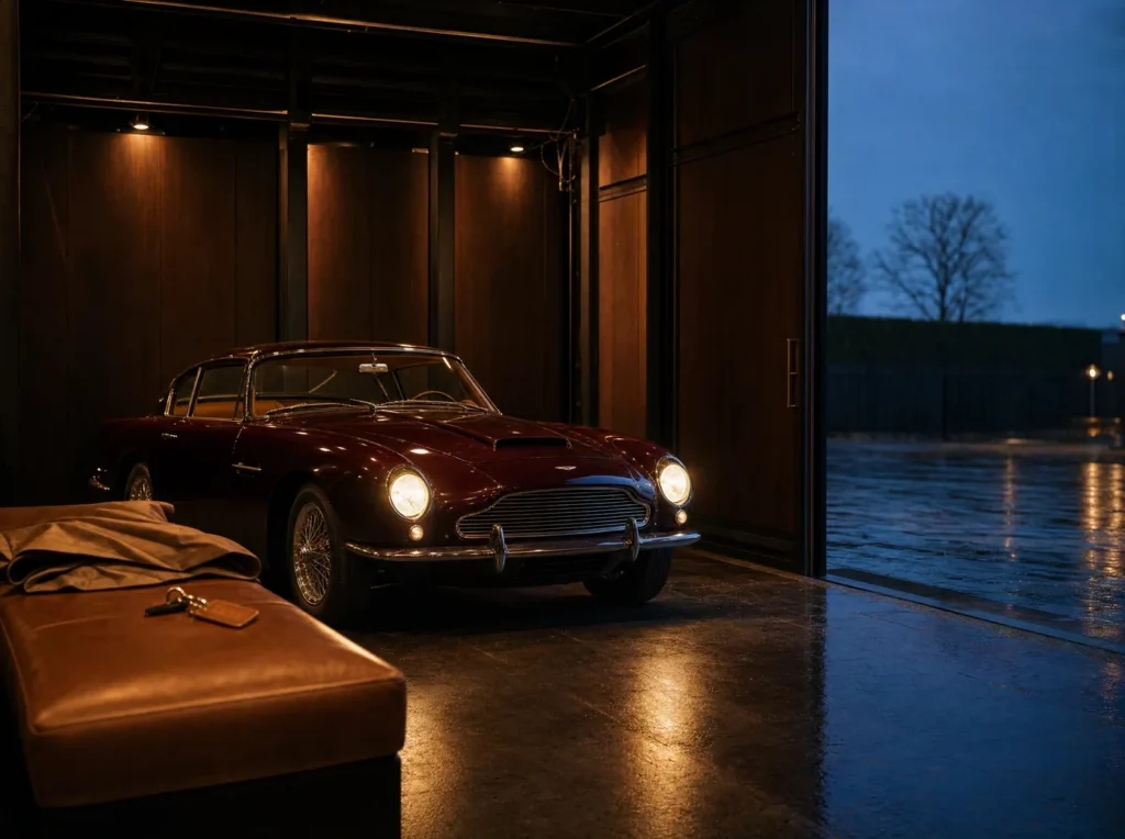 A burgundy grand tourer idling at the open door of The Collective at dusk, cover folded on the bench