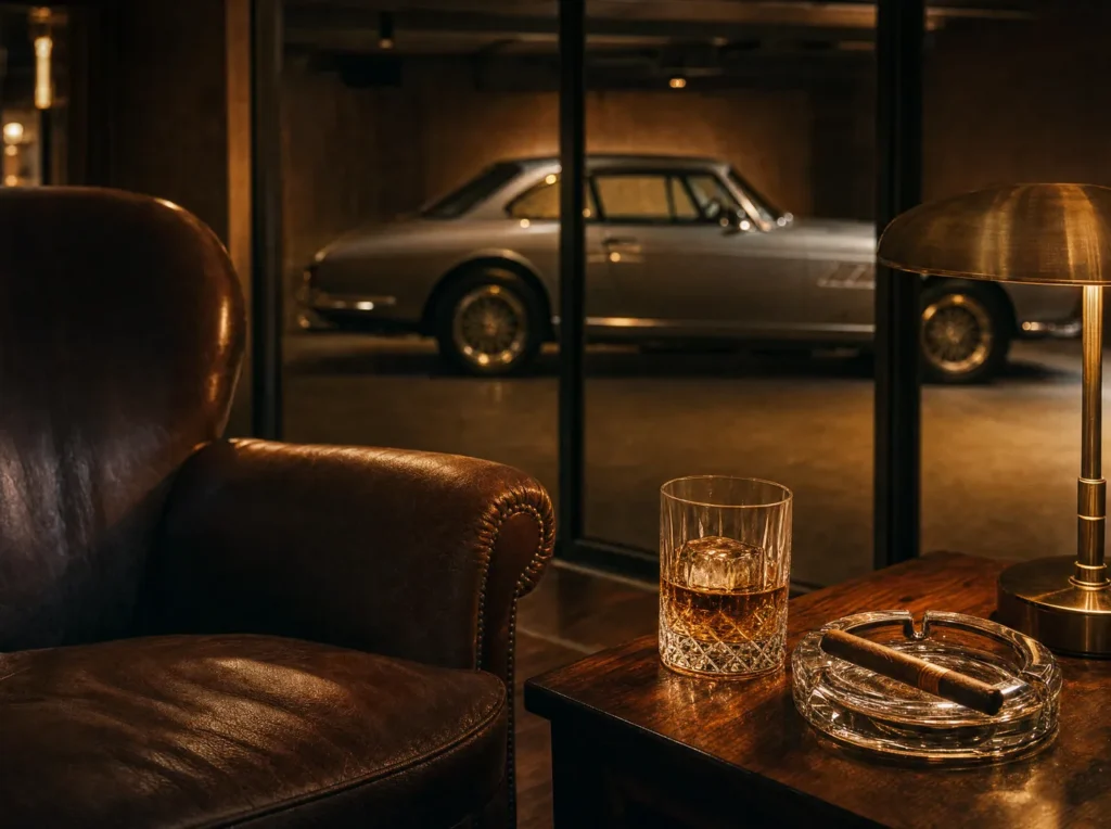 A leather club chair, a glass of bourbon and a cigar by the glass wall over the floor at The Collective