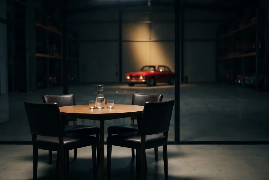 A small meeting table beside the glass wall with the cars beyond