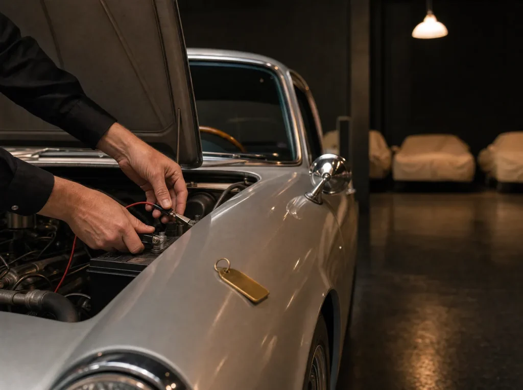Clipping a battery tender under the hood of a silver classic coupe, a brass key tag on the fender
